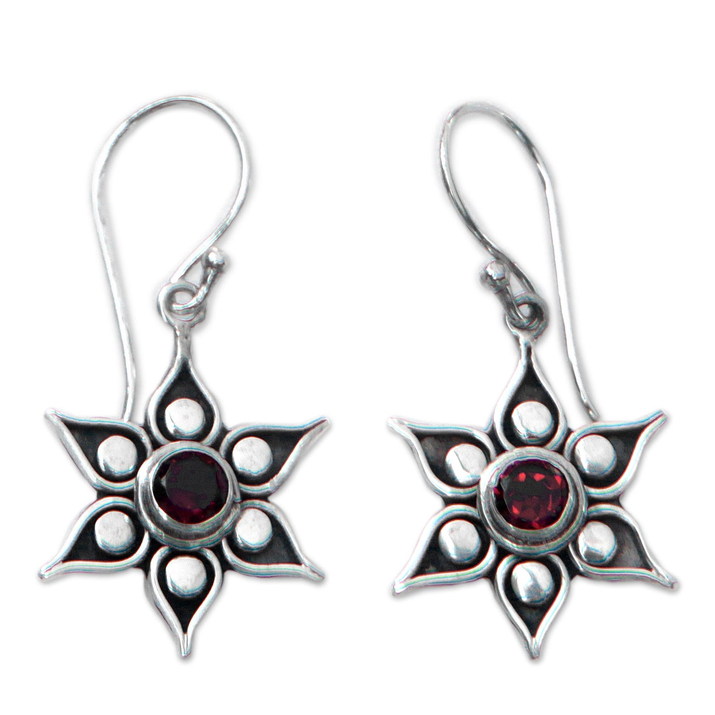 Poinsettias Silver & Garnet Flower Earrings