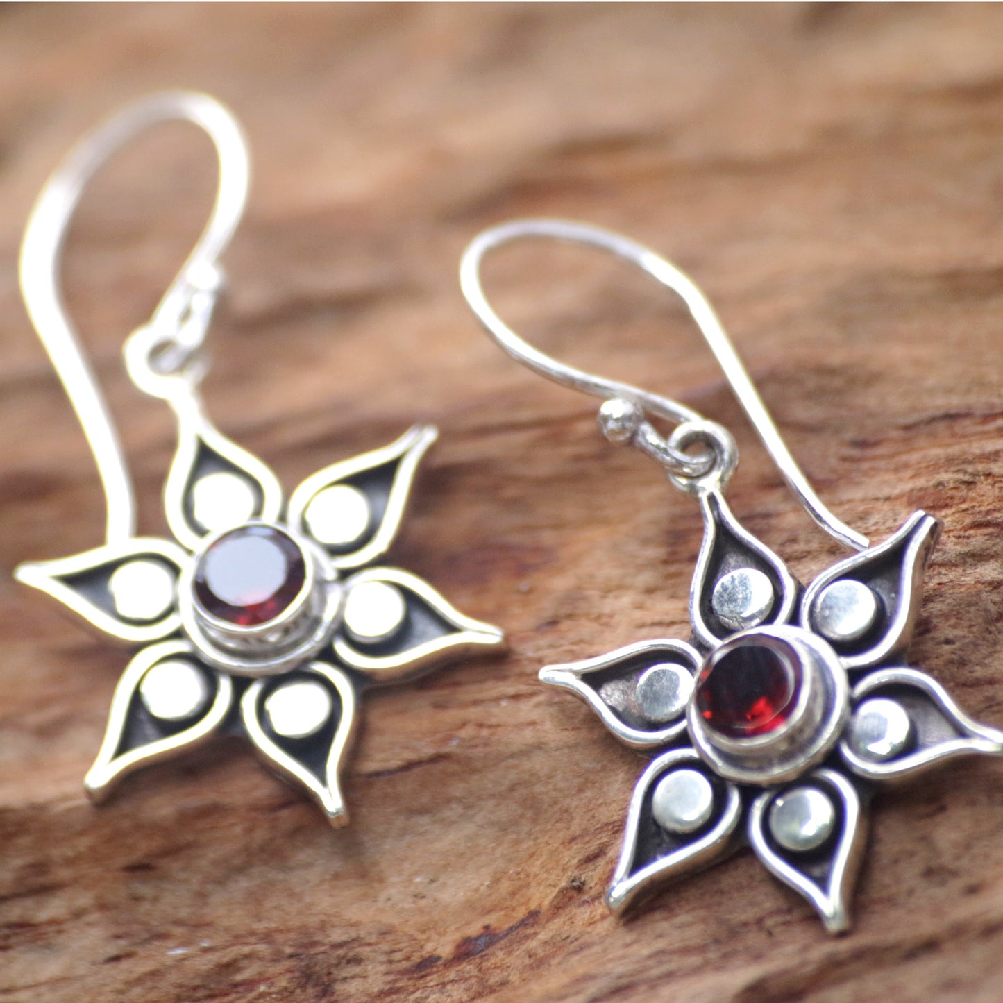 Poinsettias Silver & Garnet Flower Earrings