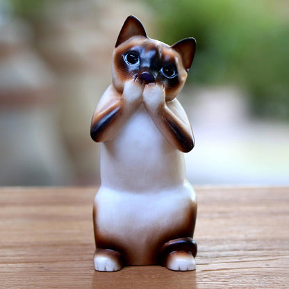 Speak No Evil Siamese Cat Original Hand Carved Wood Sculpture