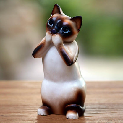 Speak No Evil Siamese Cat Original Hand Carved Wood Sculpture