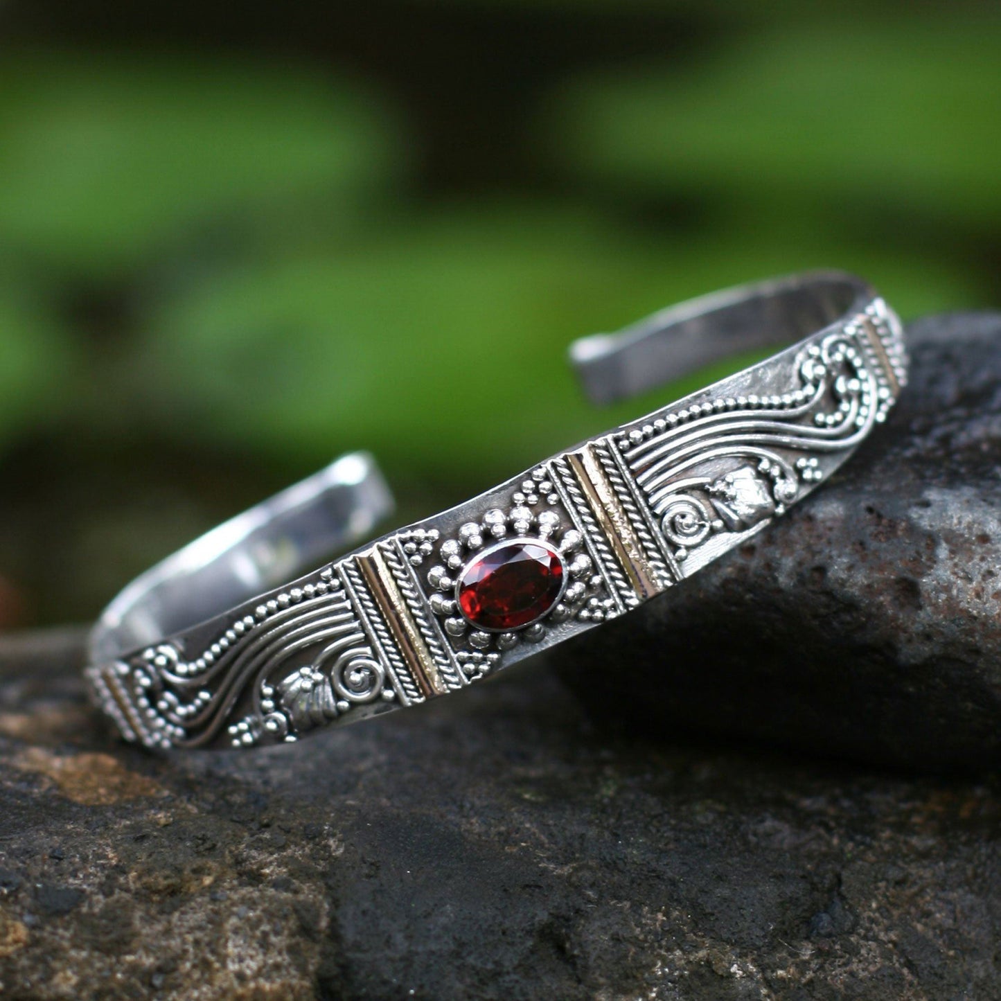 NOVICA - Silver, Garnet & Gold Plated Paradise Cuff Bracelet