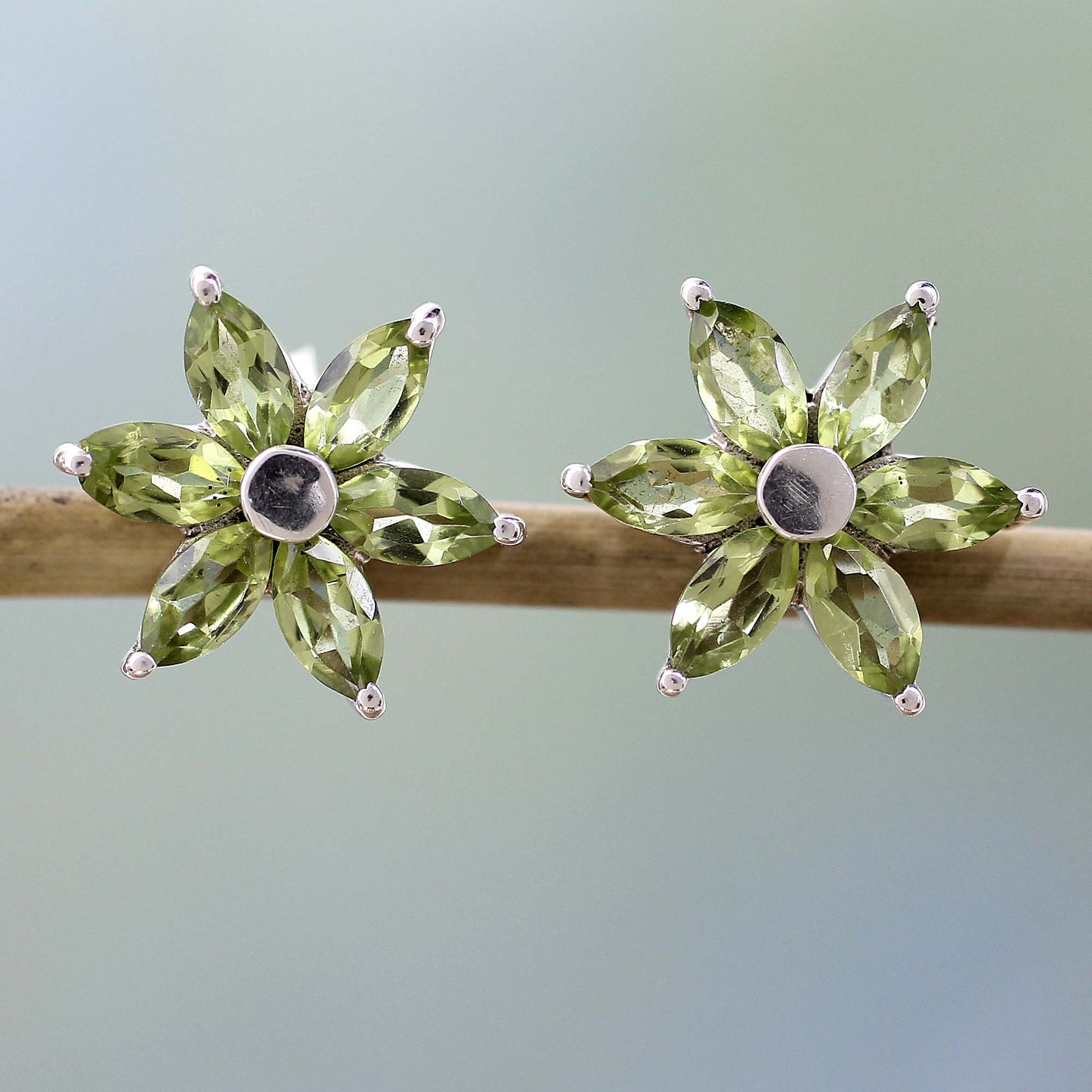 Summer Blossom Women's Floral Sterling Silver Button Peridot Earrings