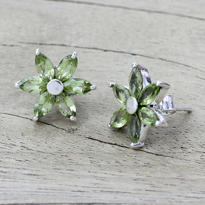 Summer Blossom Women's Floral Sterling Silver Button Peridot Earrings