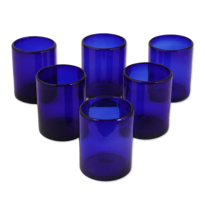 Pure Cobalt Blue Hand Blown Glass Tumblers Set of 6 Mexico