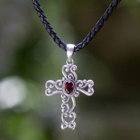 Balinese Cross Silver & Garnet Pendant Necklace