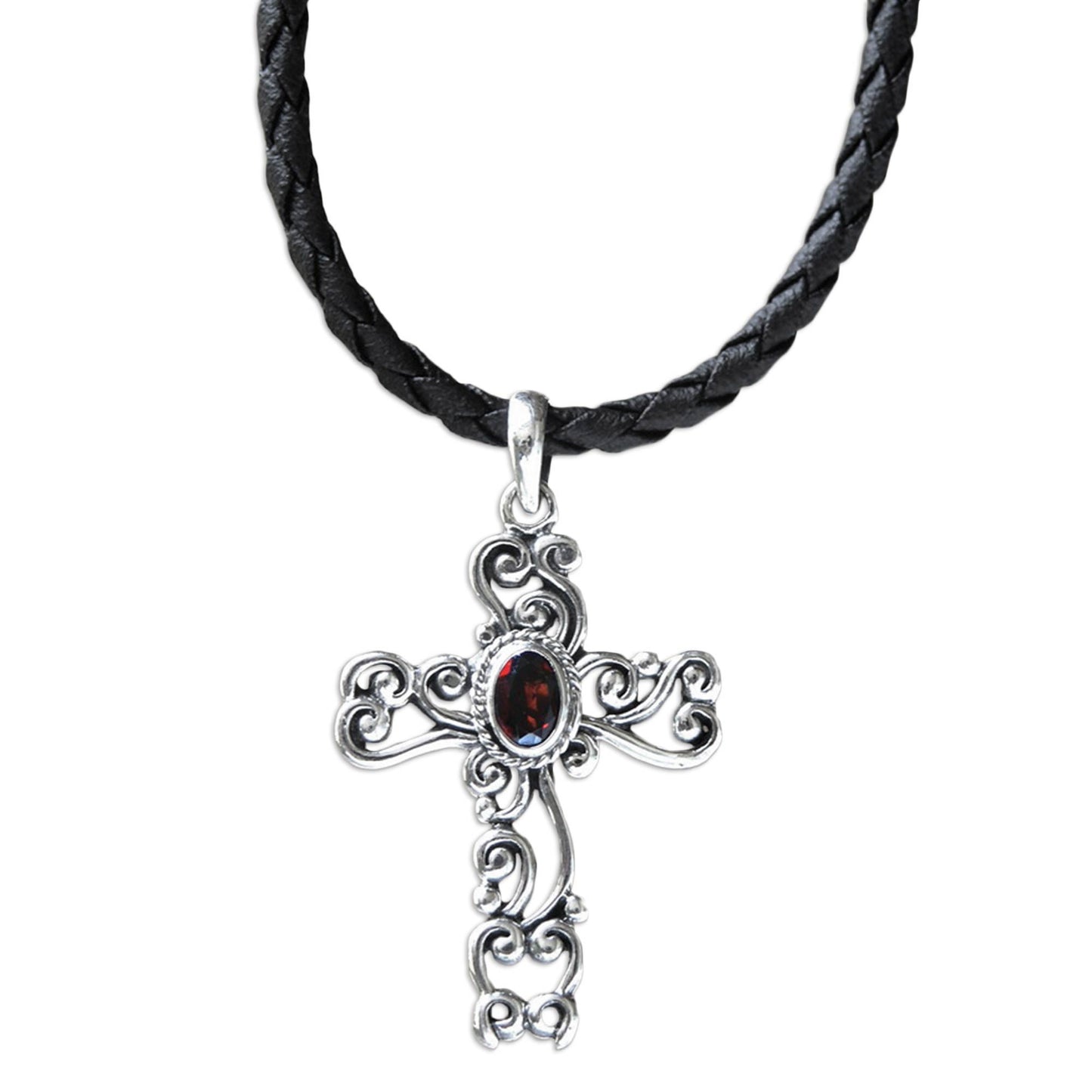 Balinese Cross Silver & Garnet Pendant Necklace