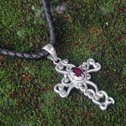 Balinese Cross Silver & Garnet Pendant Necklace