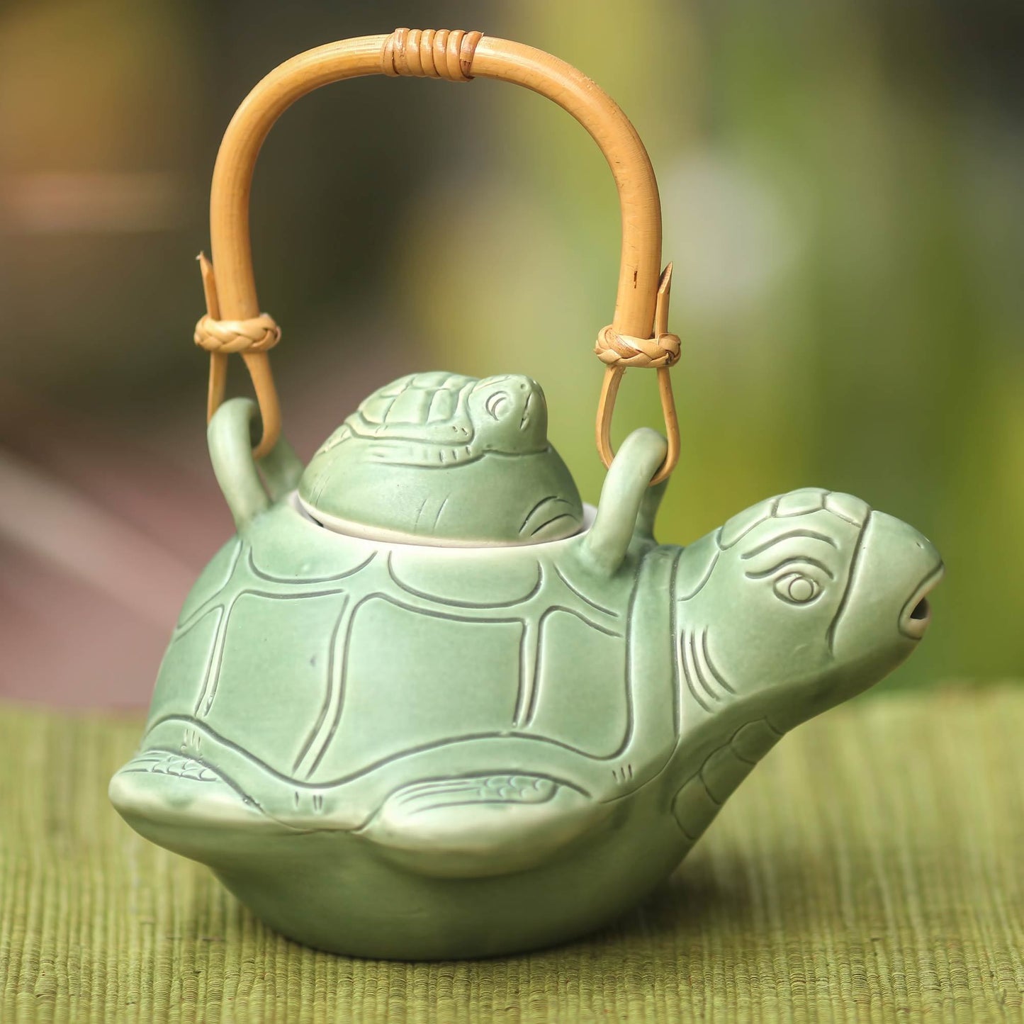 NOVICA - Sea Turtle Mother And Child Green Ceramic Teapot