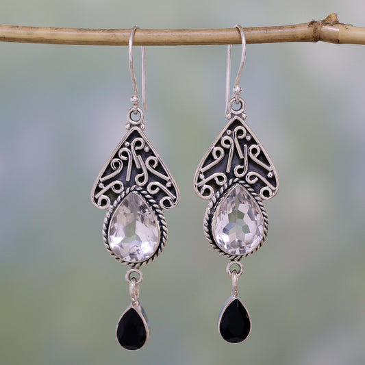 Queen of Jaipur Quartz and Onyx Silver Dangle Earrings