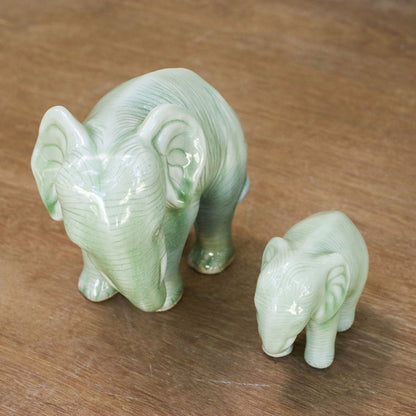 NOVICA - Mom & Baby Elephant Celadon Ceramic Statuettes