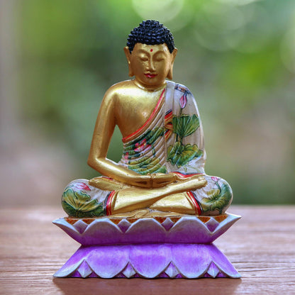 Buddha On A Lotus Metallic Wood Sculpture