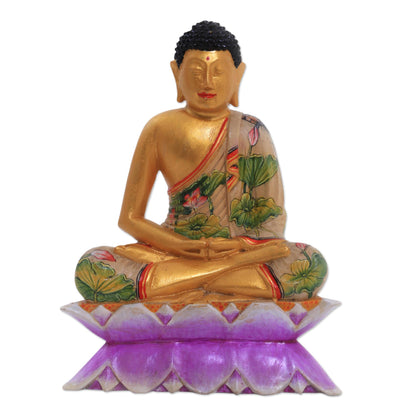 Buddha On A Lotus Metallic Wood Sculpture