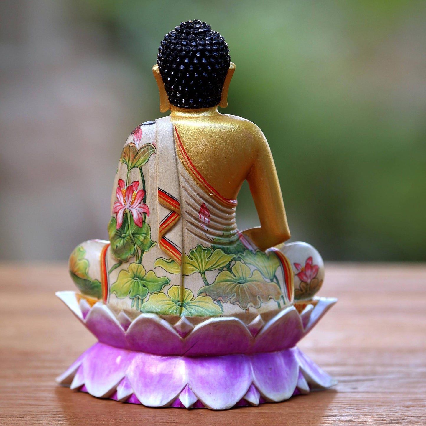 Buddha On A Lotus Metallic Wood Sculpture