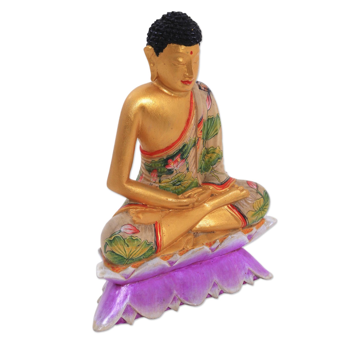 Buddha On A Lotus Metallic Wood Sculpture