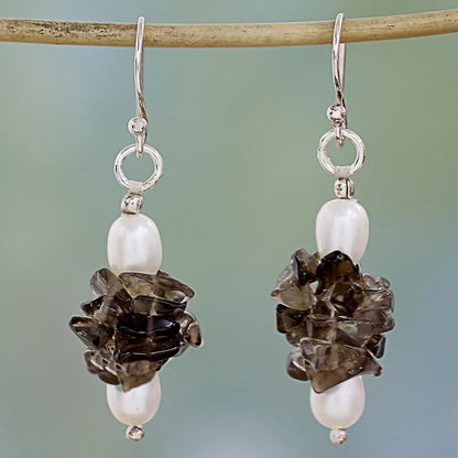 Hazy Moon Smoky Quartz & Pearl Silver Beaded Earrings