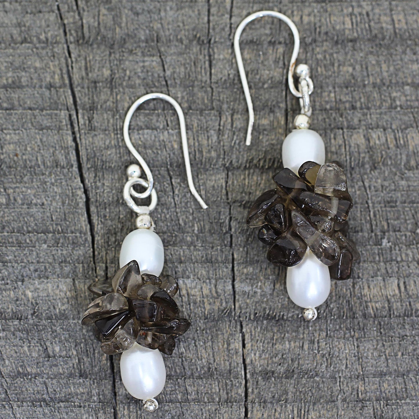 Hazy Moon Smoky Quartz & Pearl Silver Beaded Earrings