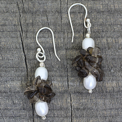 Hazy Moon Smoky Quartz & Pearl Silver Beaded Earrings