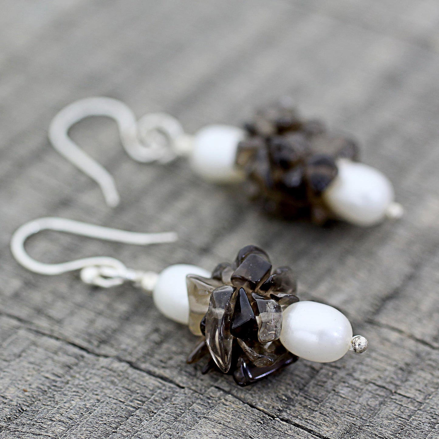 Hazy Moon Smoky Quartz & Pearl Silver Beaded Earrings