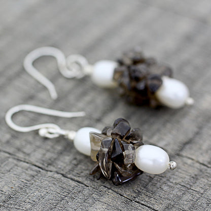 Hazy Moon Smoky Quartz & Pearl Silver Beaded Earrings