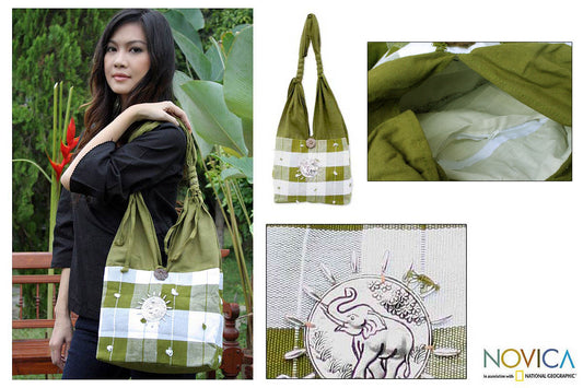 Green Plaid Elephant Cotton Handbag