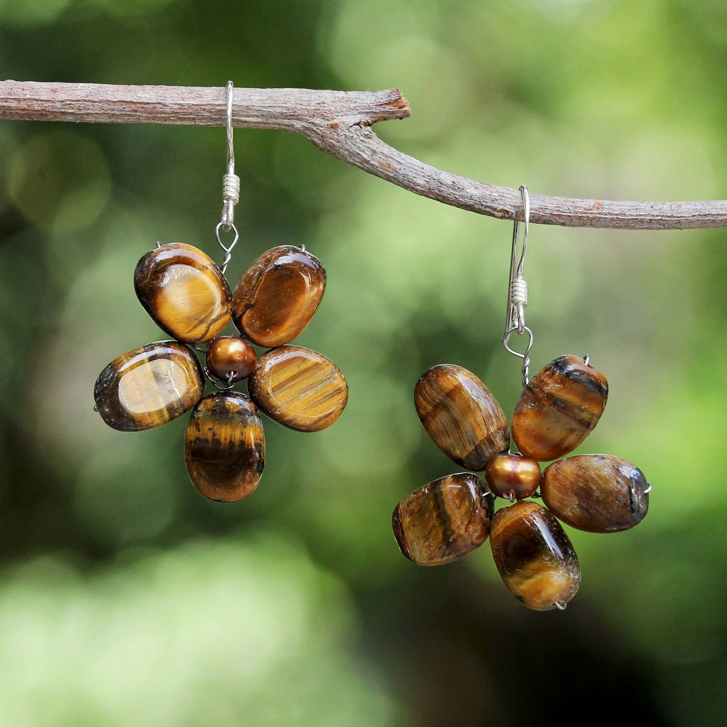 Paradise Pearl & Tiger's Eye Flower Earrings