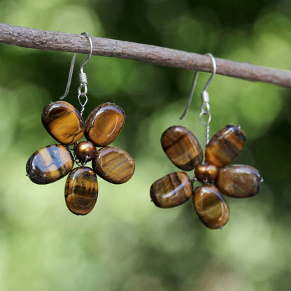 Paradise Pearl & Tiger's Eye Flower Earrings