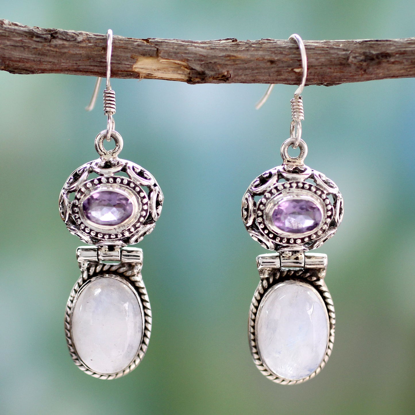 Mystic Rainbow Moonstone and Amethyst Dangle Earrings