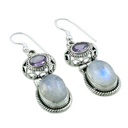 Mystic Rainbow Moonstone and Amethyst Dangle Earrings