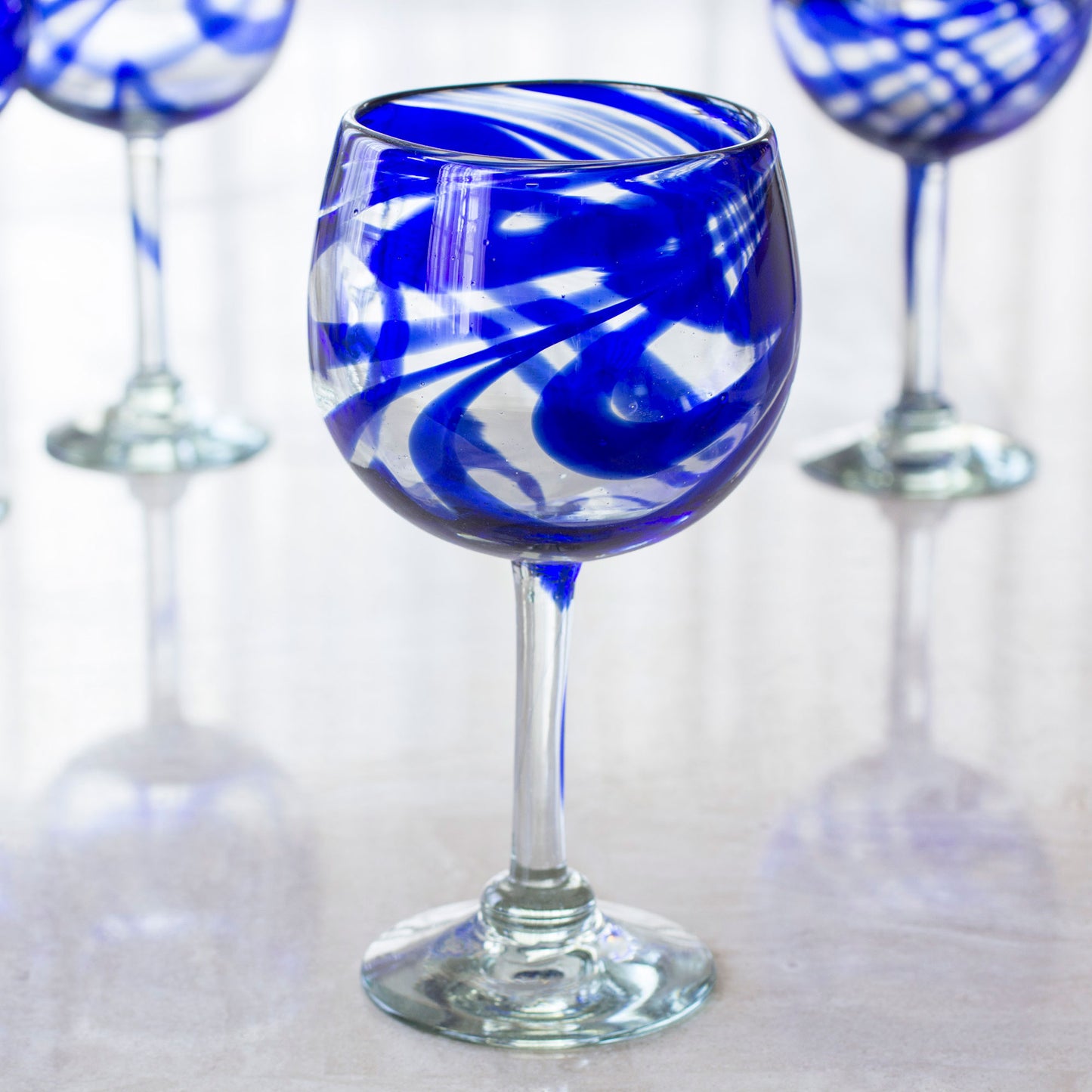 Blue Ribbon Handblown Recycled Glass Striped Wine Goblets Set of 6