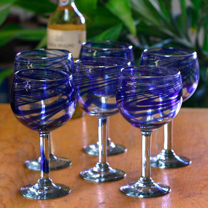 Blue Ribbon Handblown Recycled Glass Striped Wine Goblets Set of 6