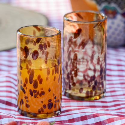 Tall Tortoise Shell Six Water Glasses Handblown Recycled Glass Drinkware Mexico