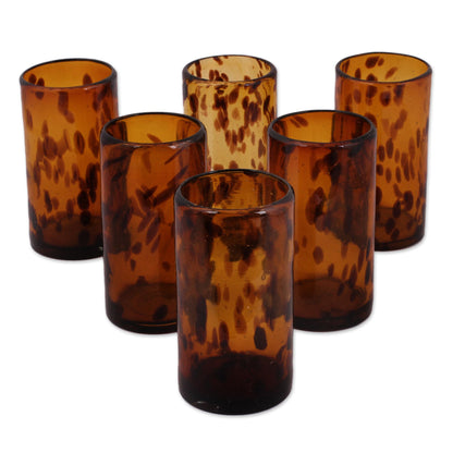 Tall Tortoise Shell Six Water Glasses Handblown Recycled Glass Drinkware Mexico