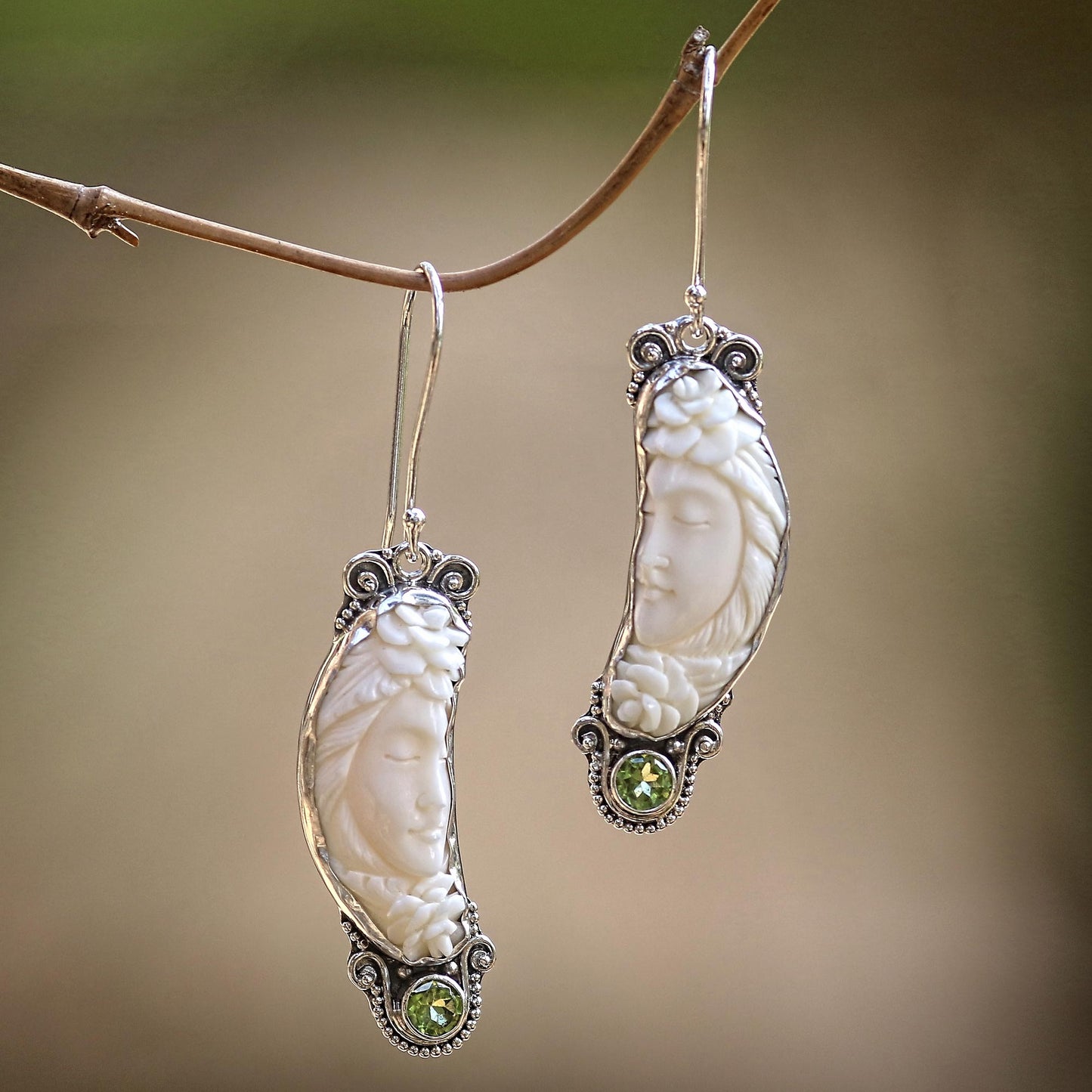 Rose Queen Peridot and Bone Sterling Silver Dangle Earrings