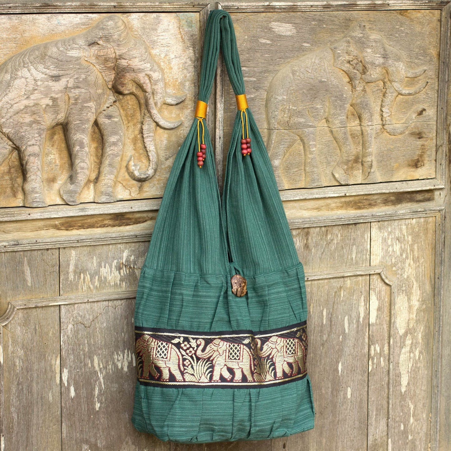 NOVICA - Emerald Thai Elephant Cotton Shoulder Bag