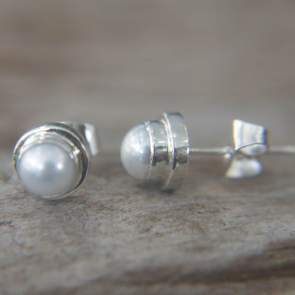 White Moon Pearl Silver Bridal Stud Earrings