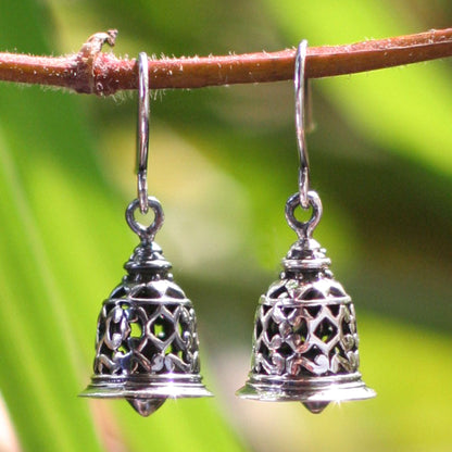 Temple Bell Silver Bell Shaped Dangle Hook Earrings