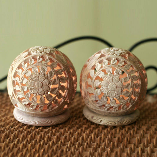 World is a Flower Hand Carved Jali Soapstone Candle Holders (Pair)