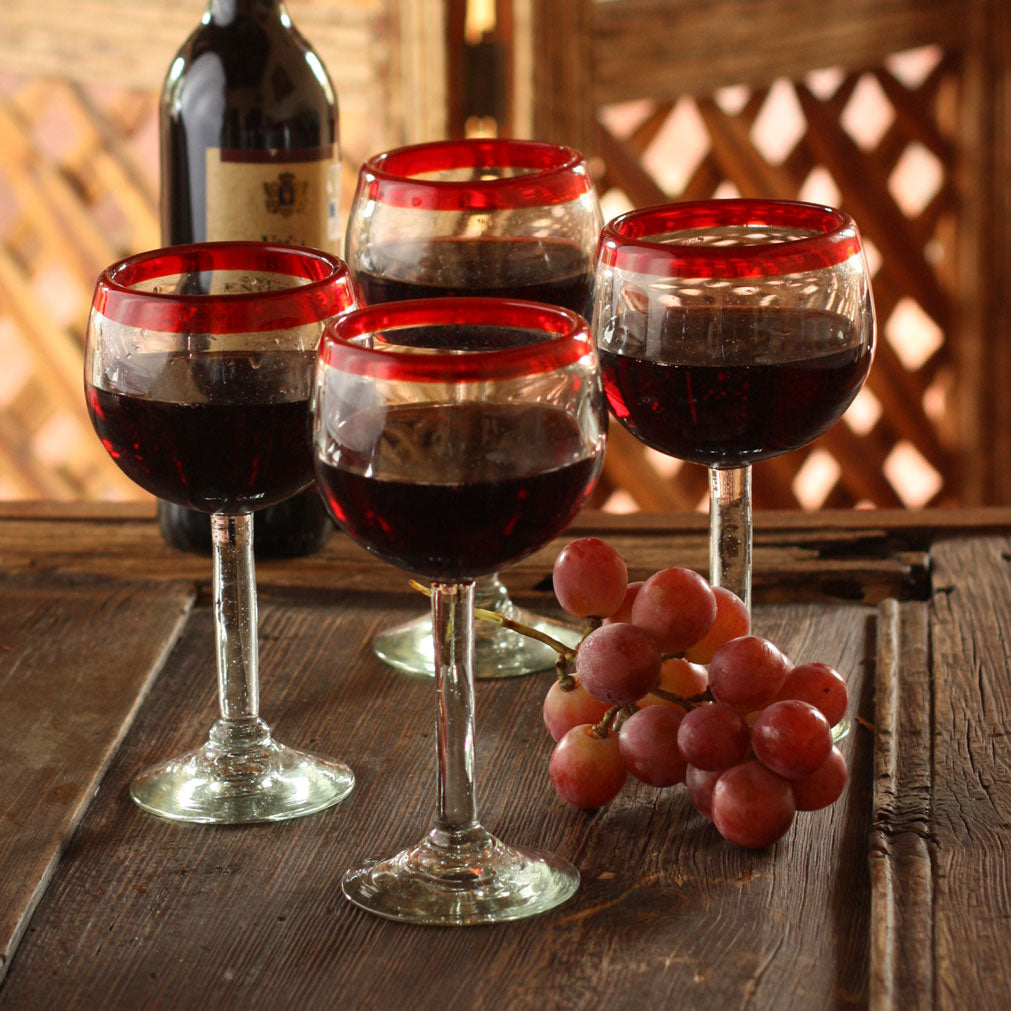 Ruby Globe Set of 4 Hand Blown Wine Glasses Clear with Red Rim Mexico