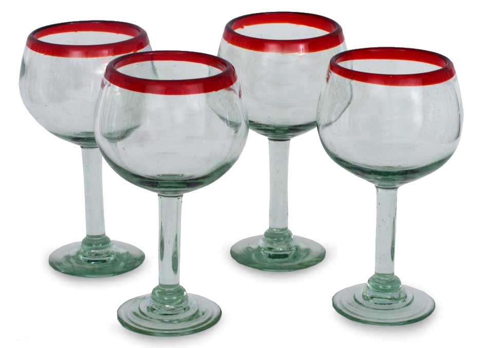 Ruby Globe Set of 4 Hand Blown Wine Glasses Clear with Red Rim Mexico