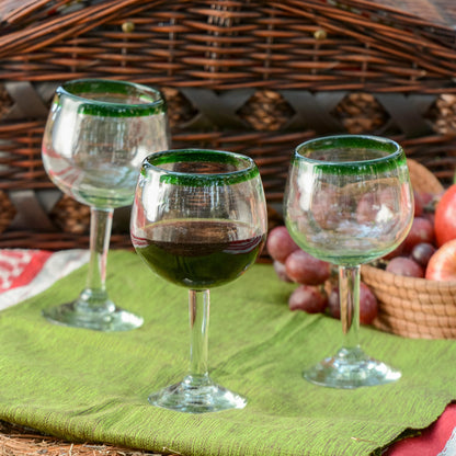 Lime Globe Hand Blown Green Rim Wine Glasses Set of 4 Mexico