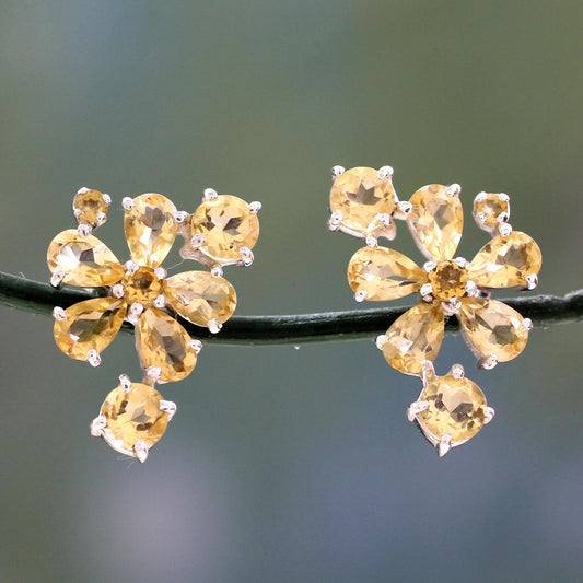 Sunshine Petals Hand Made Floral Citrine Button Earrings