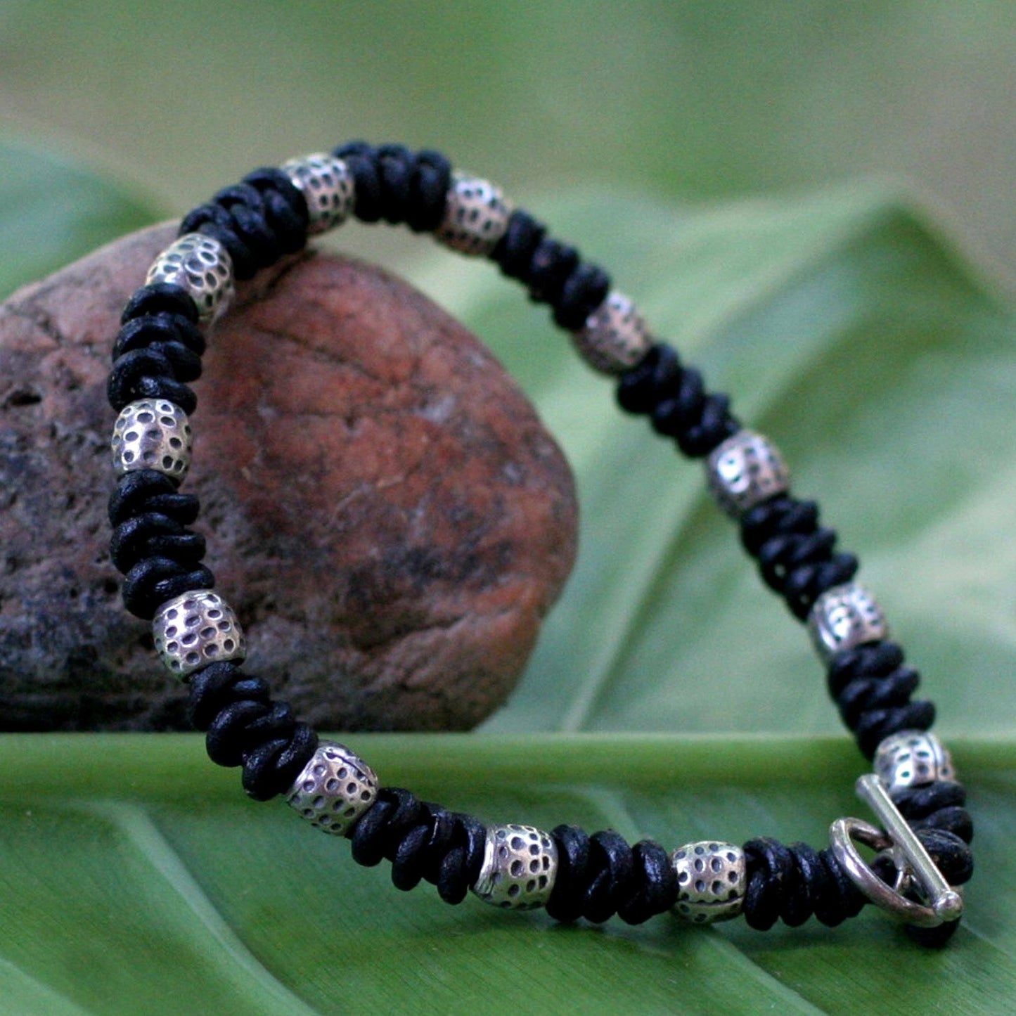 Men's Knotted Leather Bracelet with Silver Accents