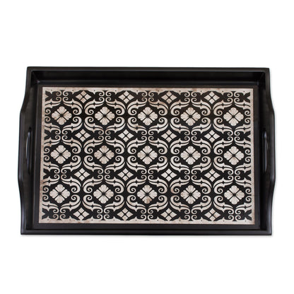 Floral Muse Handmade Black Reverse Painted Glass Serving Tray