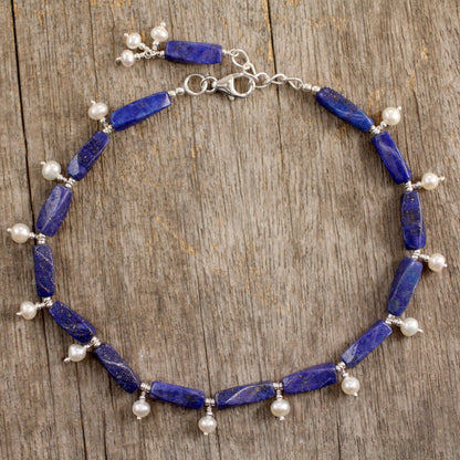 Midnight Blue Sterling Silver Lapis Lazuli and Pearl Anklet from India