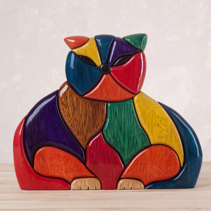 Patchwork Cat Multicolor Ishpingo Wood Sculpture