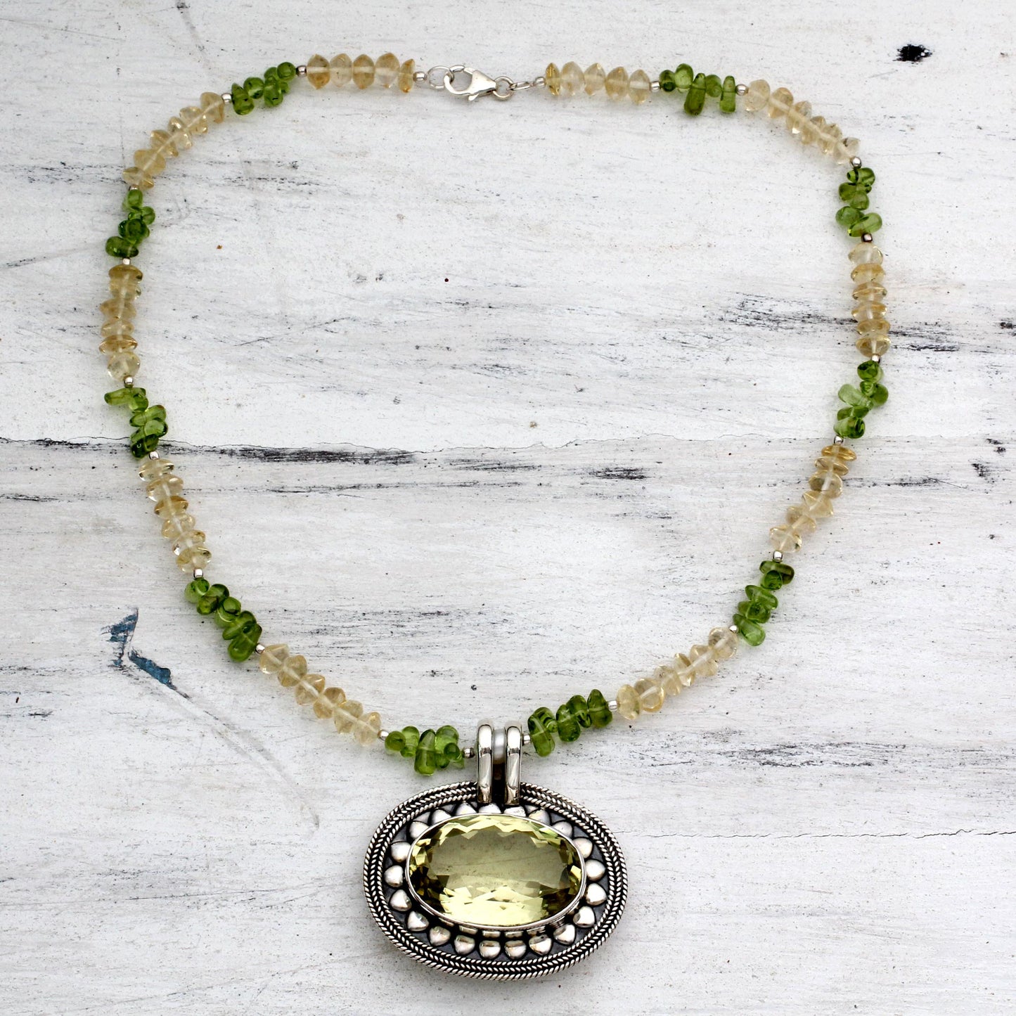 Stunning Sunflower Peridot and Citrine Silver Pendant Necklace