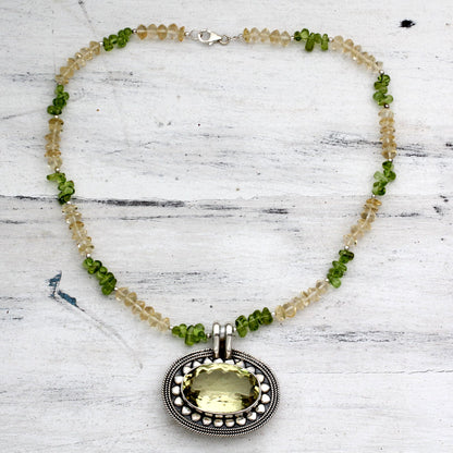 Stunning Sunflower Peridot and Citrine Silver Pendant Necklace