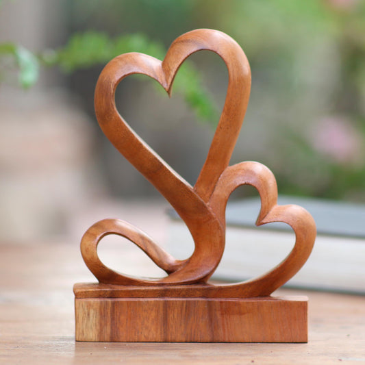 Two Hearts Carved Wood Romantic Sculpture