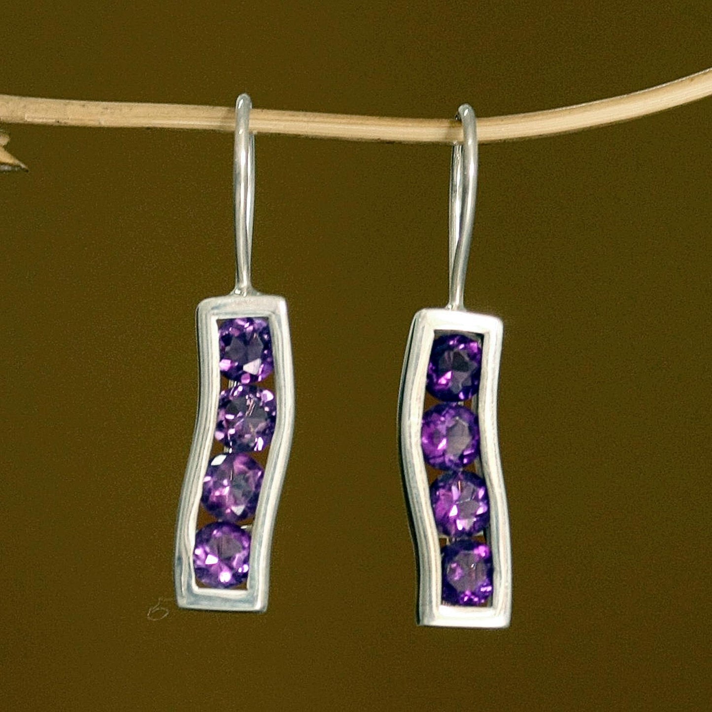 Ribbon Amethyst & Silver Drop Hook Earrings