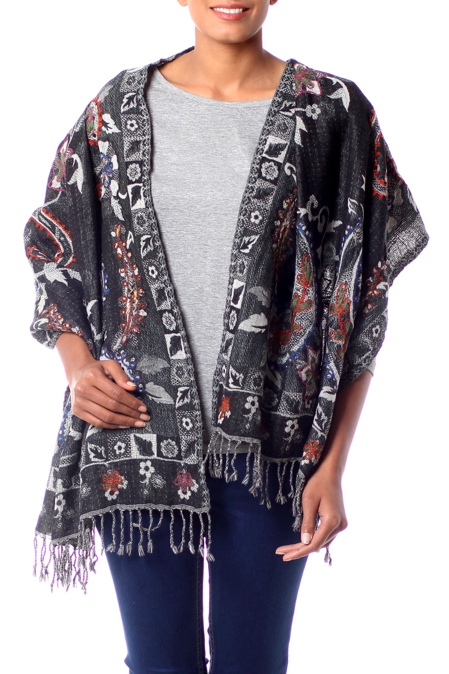 Eventide Fair Trade Floral Wool Embroidered Wrap Shawl